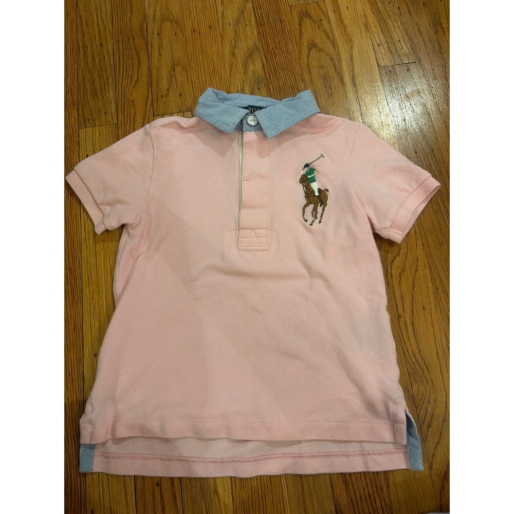 Polo Ralph Lauren Boys Pink Big Pony Polo Shirt Plaid Undercollar Size 4 4T